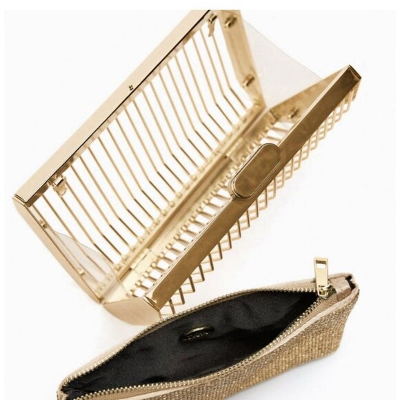 Zara Limited Edition Rhinestones Metallic Golden Cage Style Box Clutch Bag Chain - Picture 2 of 14